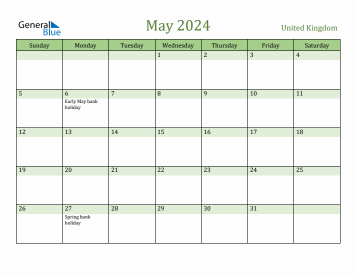 May 2024 Calendar with United Kingdom Holidays
