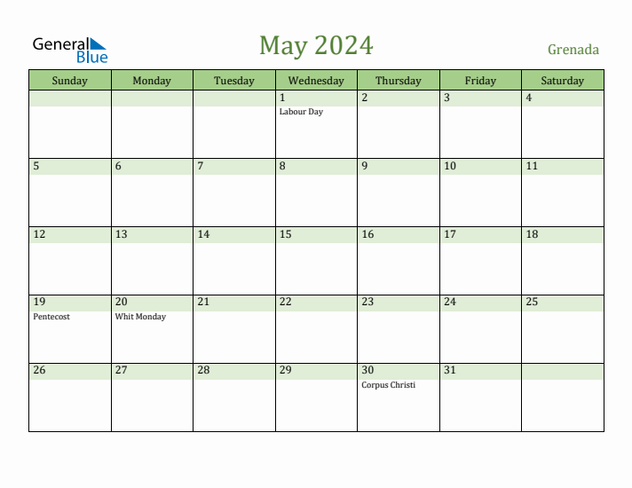 May 2024 Calendar with Grenada Holidays