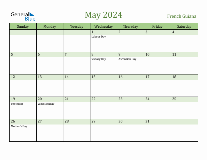 May 2024 Calendar with French Guiana Holidays