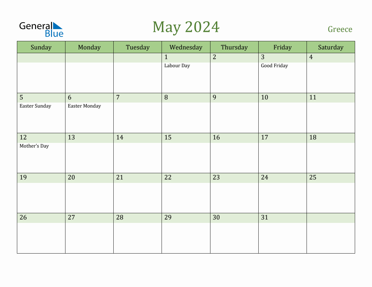 Fillable Holiday Calendar for Greece May 2024