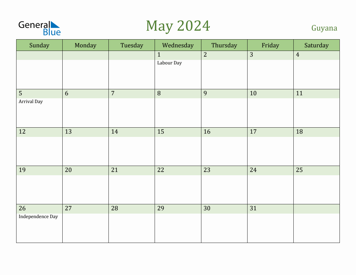 Fillable Holiday Calendar for Guyana May 2024