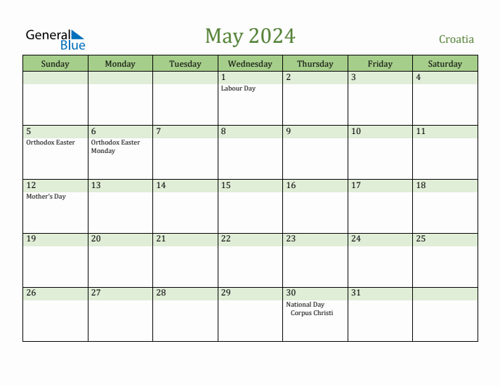 May 2024 Calendar with Croatia Holidays