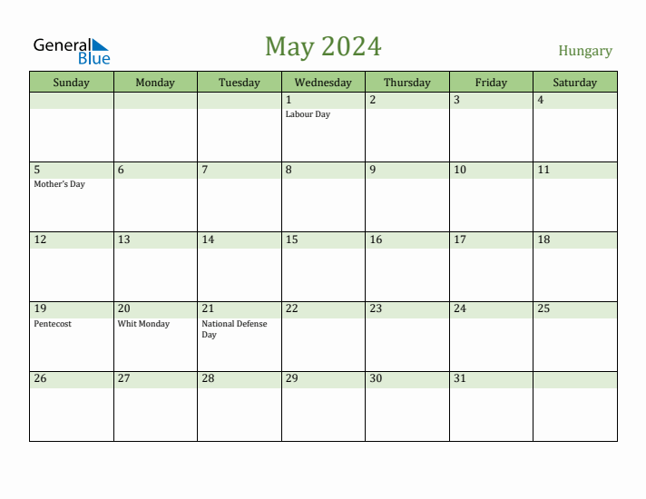 May 2024 Calendar with Hungary Holidays
