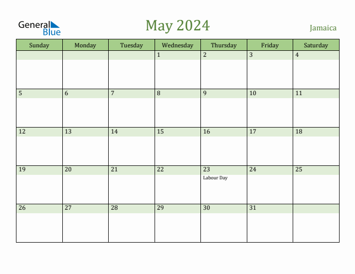 Fillable Holiday Calendar for Jamaica May 2024