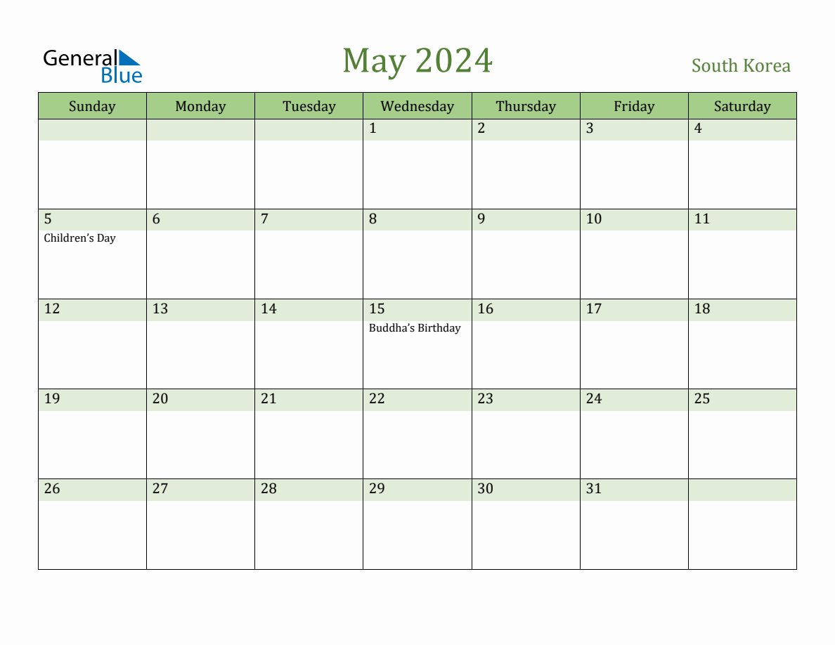 Fillable Holiday Calendar for South Korea May 2024