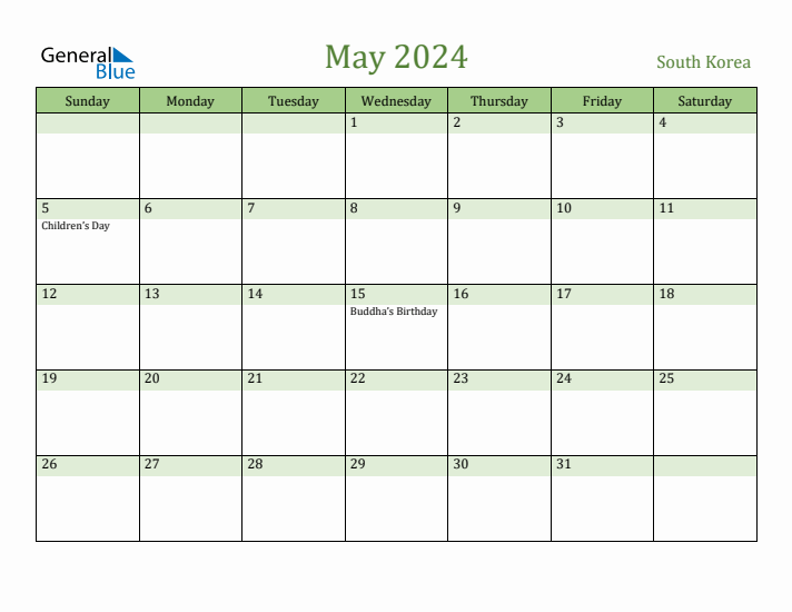 May 2024 Calendar with South Korea Holidays