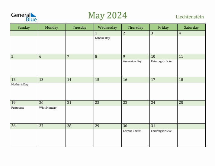May 2024 Calendar with Liechtenstein Holidays