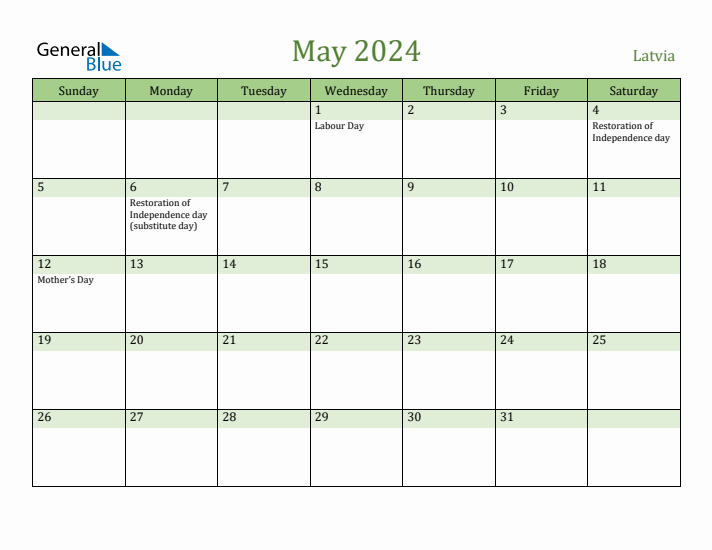 May 2024 Calendar with Latvia Holidays