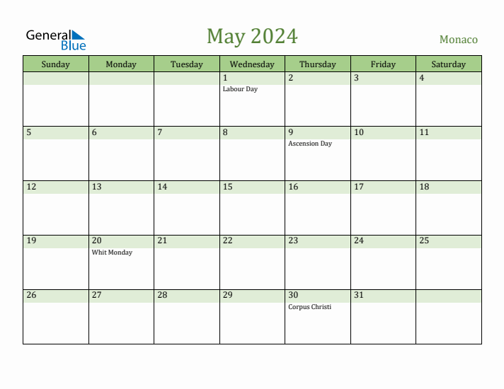 May 2024 Calendar with Monaco Holidays