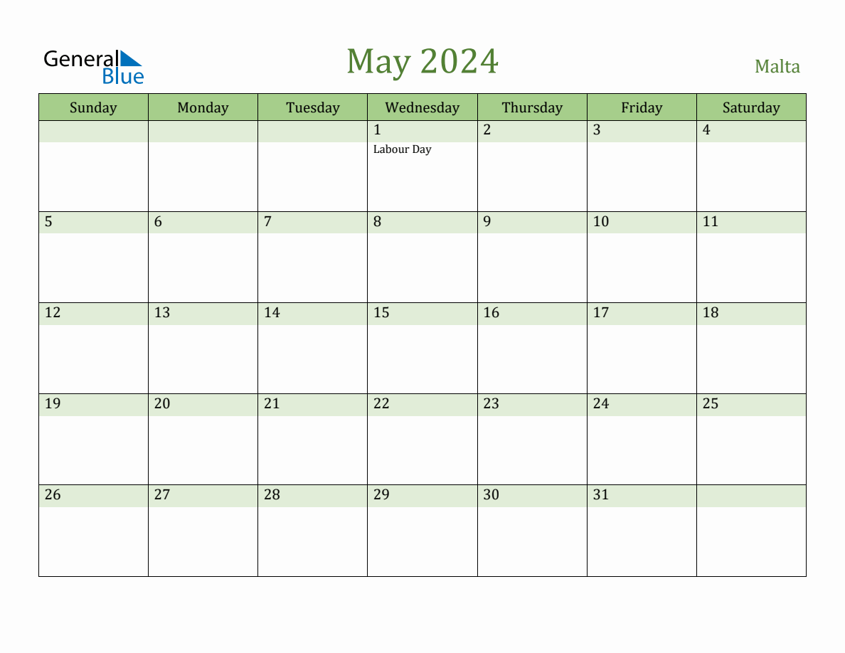 Fillable Holiday Calendar for Malta May 2024