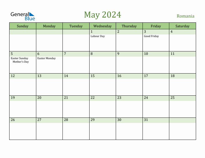 May 2024 Calendar with Romania Holidays
