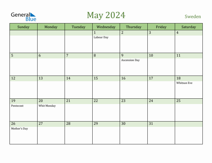Fillable Holiday Calendar for Sweden May 2024