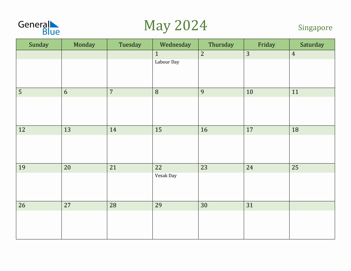 Fillable Holiday Calendar for Singapore May 2024