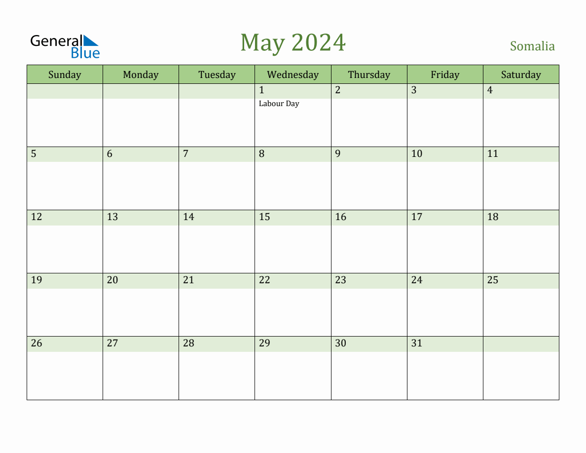 Fillable Holiday Calendar for Somalia May 2024