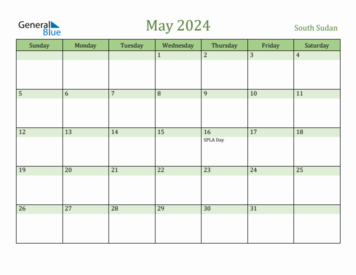 May 2024 Calendar with South Sudan Holidays