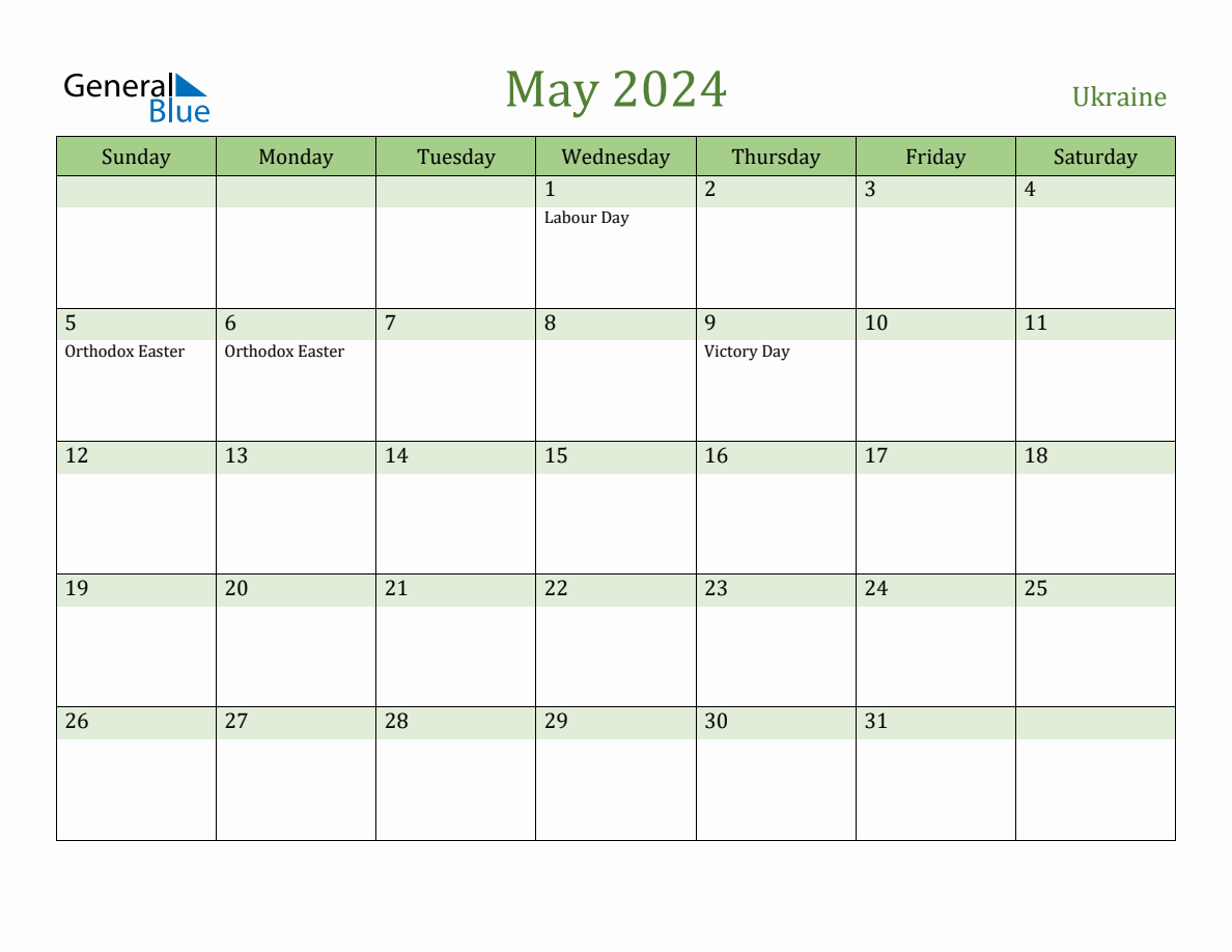 Fillable Holiday Calendar for Ukraine May 2024