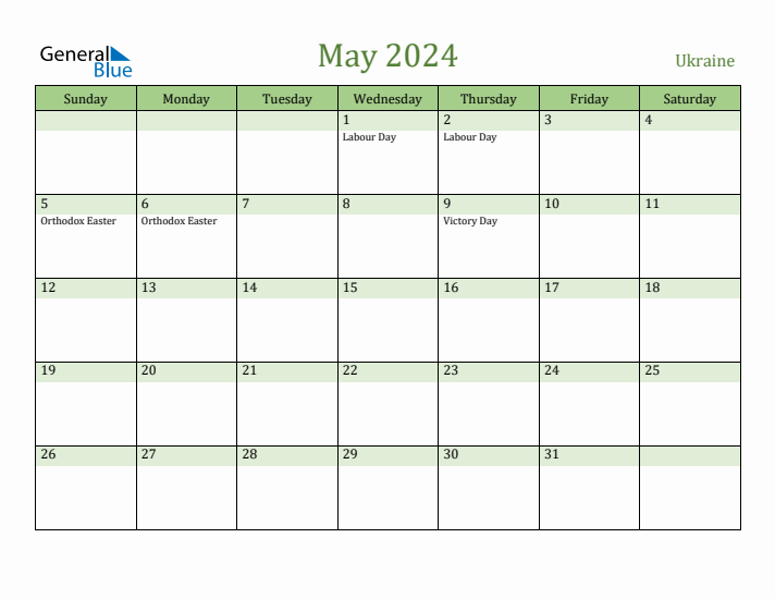 May 2024 Calendar with Ukraine Holidays