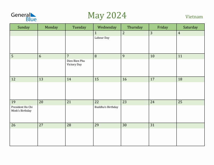 May 2024 Calendar with Vietnam Holidays