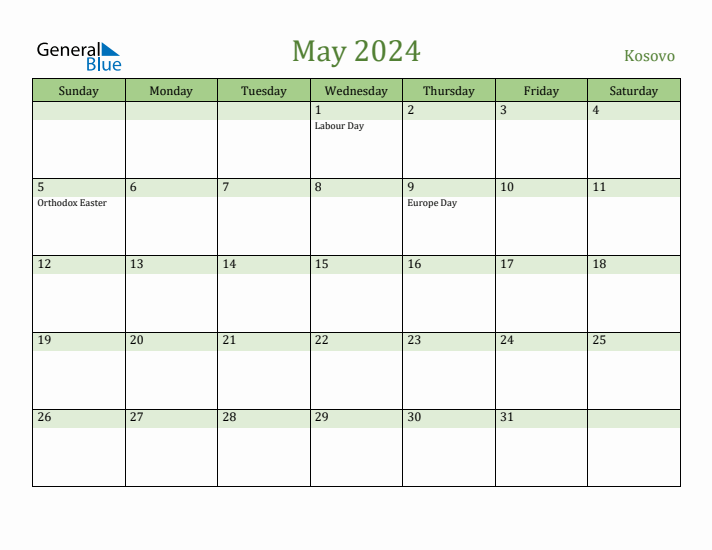 May 2024 Calendar with Kosovo Holidays