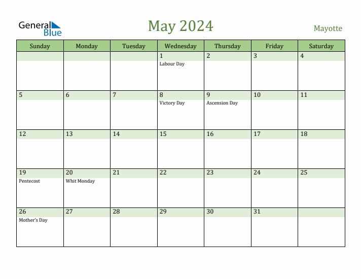 May 2024 Calendar with Mayotte Holidays