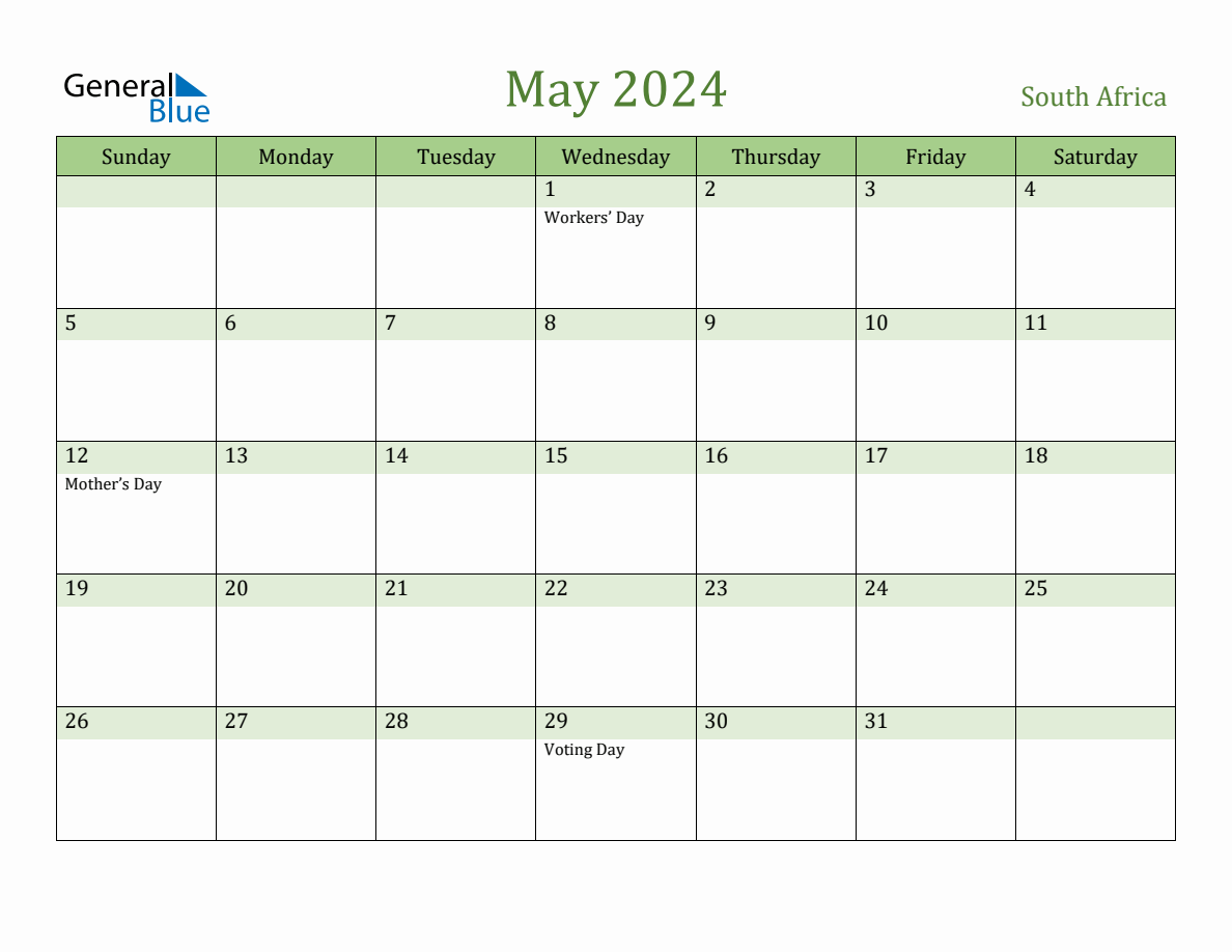 Fillable Holiday Calendar for South Africa May 2024