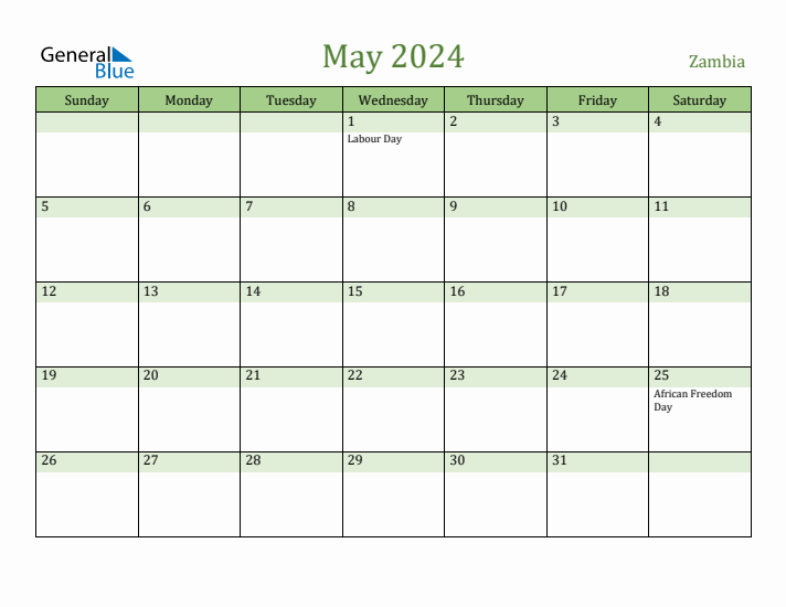 Fillable Holiday Calendar for Zambia May 2024
