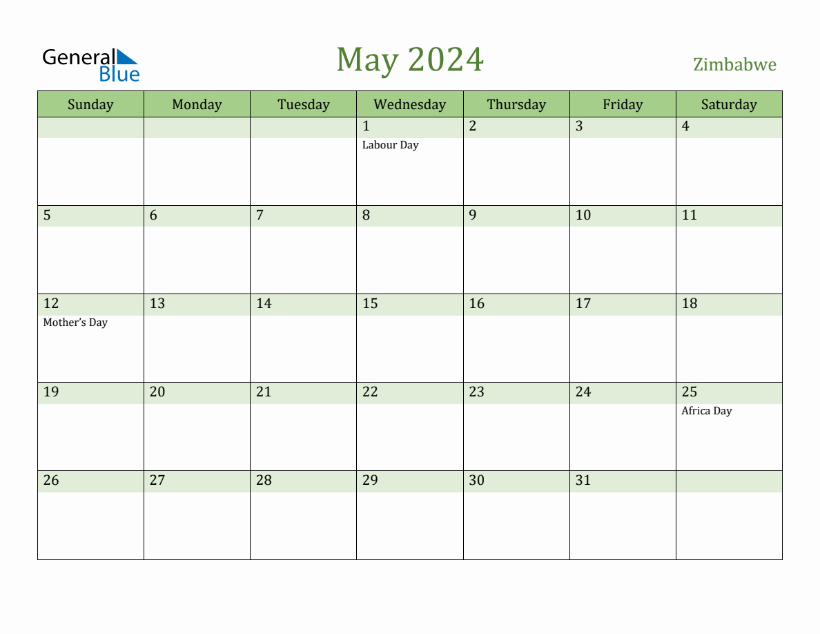 Fillable Holiday Calendar for Zimbabwe May 2024