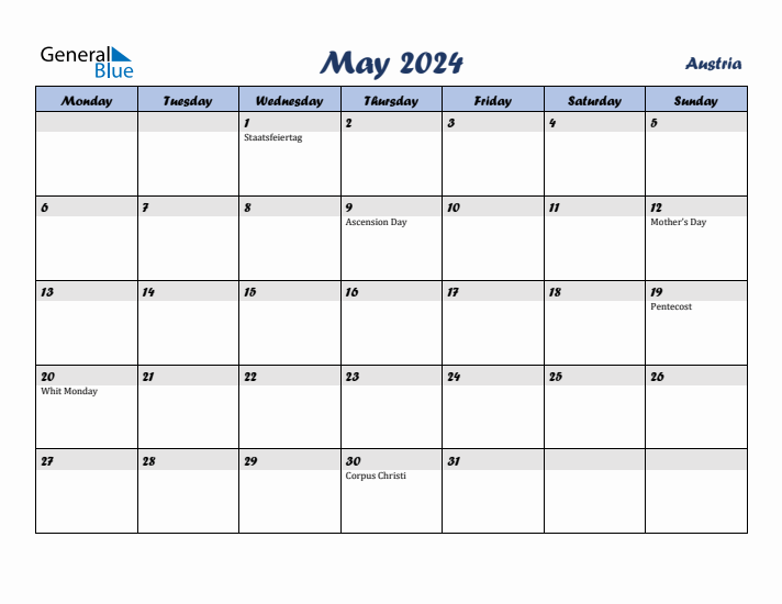 May 2024 Calendar with Holidays in Austria