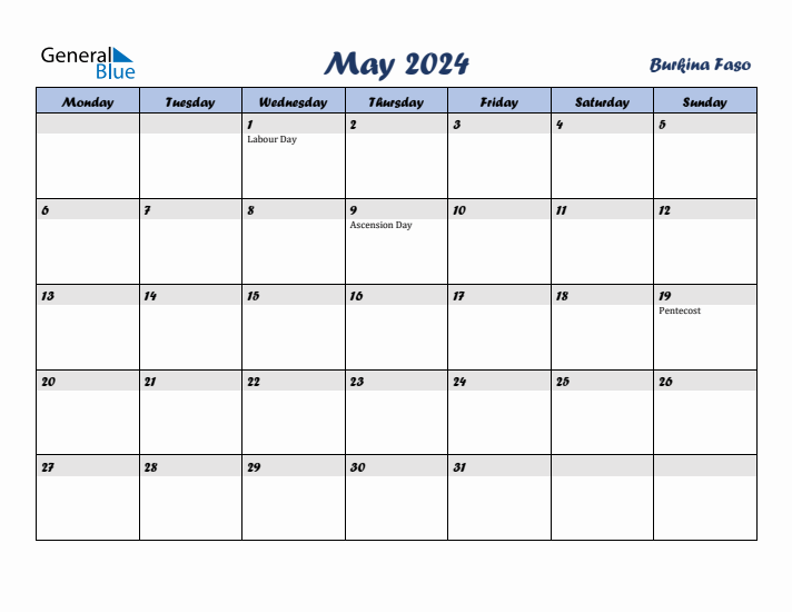 May 2024 Calendar with Holidays in Burkina Faso