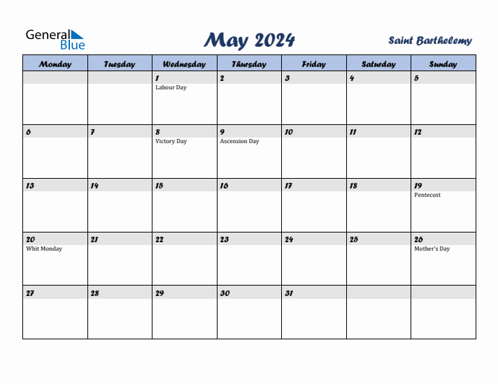 May 2024 Calendar with Holidays in Saint Barthelemy