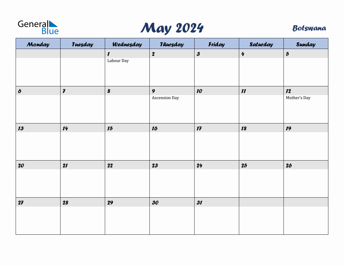 May 2024 Monthly Calendar Template with Holidays for Botswana