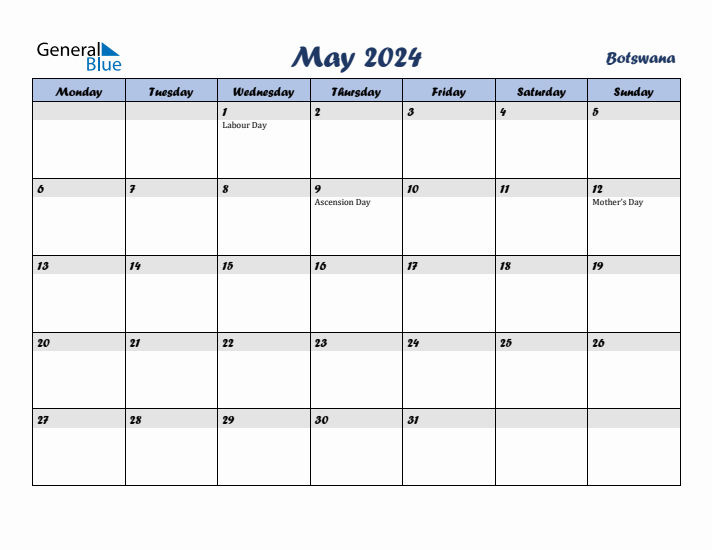May 2024 Calendar with Holidays in Botswana