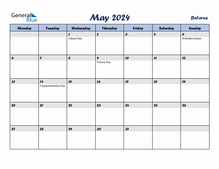 May 2024 Calendar with Holidays in Belarus