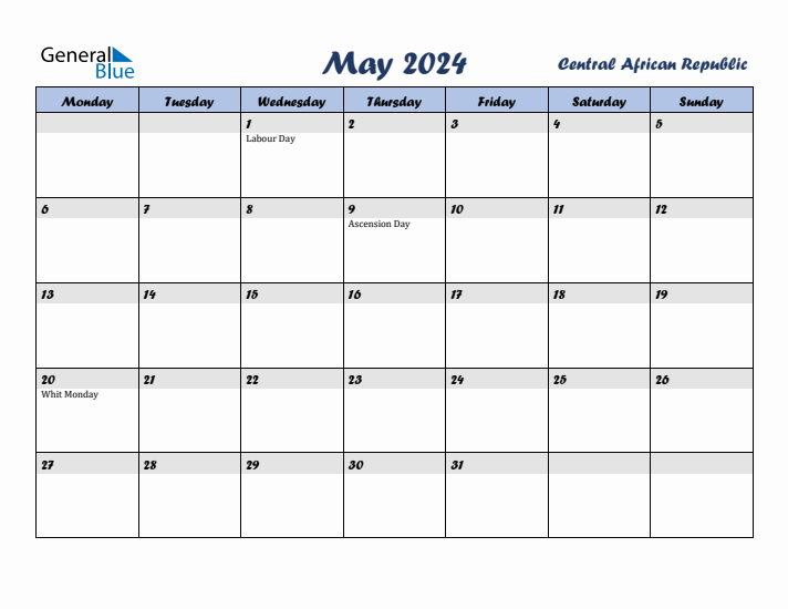 May 2024 Calendar with Holidays in Central African Republic