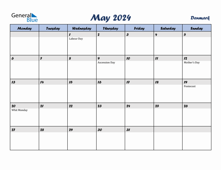 May 2024 Calendar with Holidays in Denmark