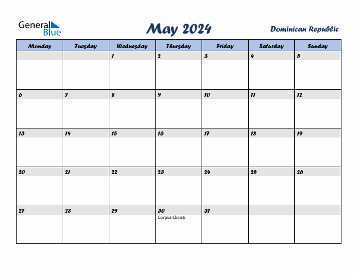 May 2024 Calendar with Holidays in Dominican Republic