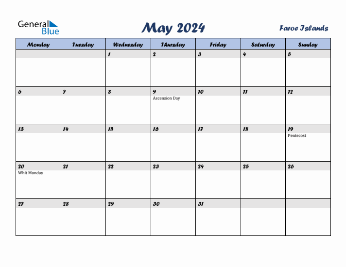 May 2024 Calendar with Holidays in Faroe Islands