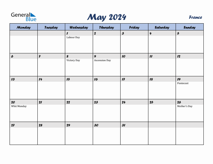 May 2024 Calendar with Holidays in France