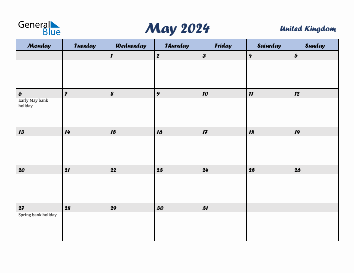 May 2024 Calendar with Holidays in United Kingdom