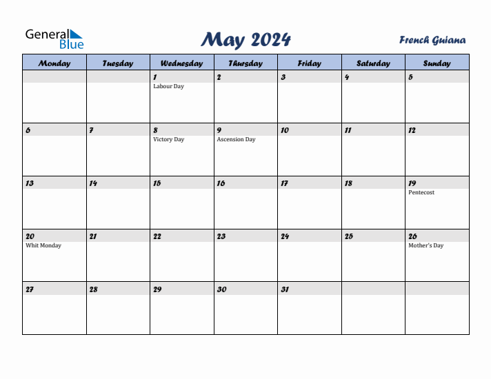 May 2024 Calendar with Holidays in French Guiana