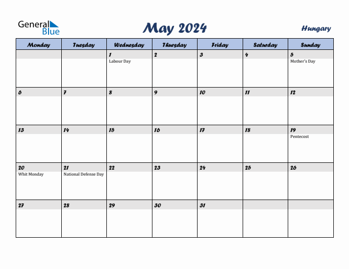May 2024 Calendar with Holidays in Hungary