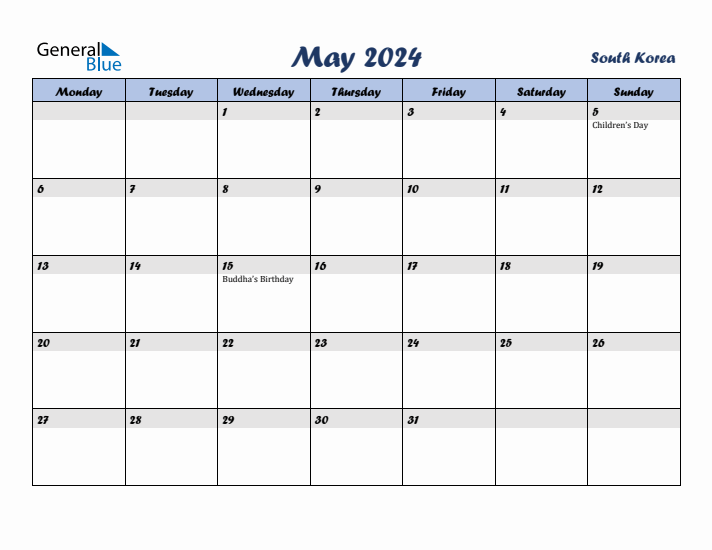 May 2024 Calendar with Holidays in South Korea