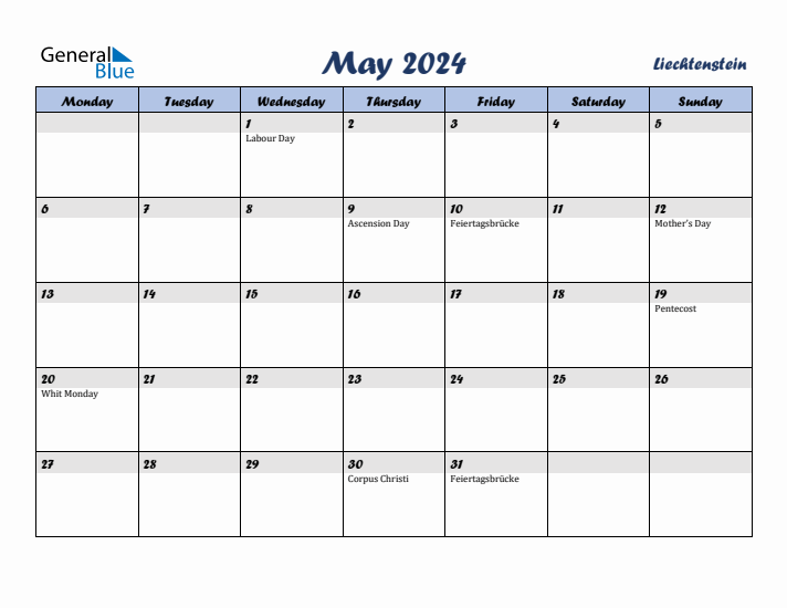 May 2024 Calendar with Holidays in Liechtenstein