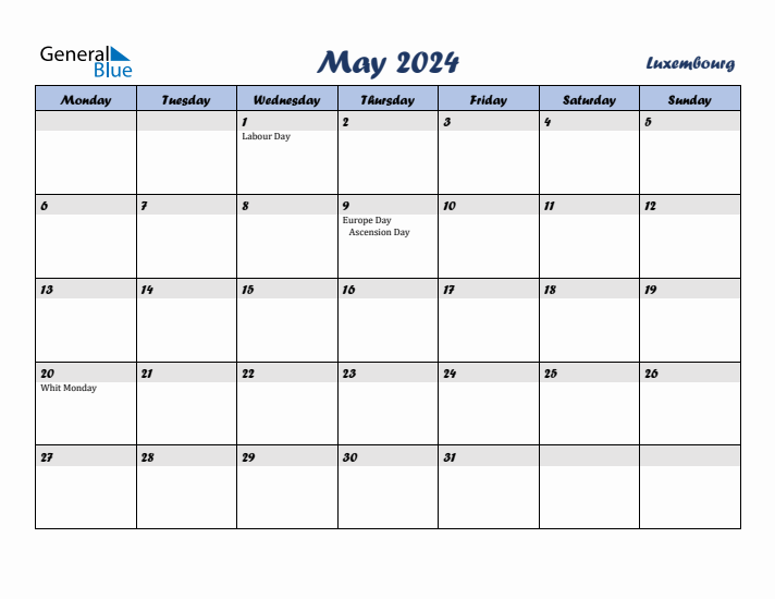 May 2024 Calendar with Holidays in Luxembourg