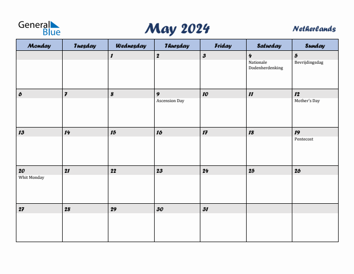 May 2024 Calendar with Holidays in The Netherlands