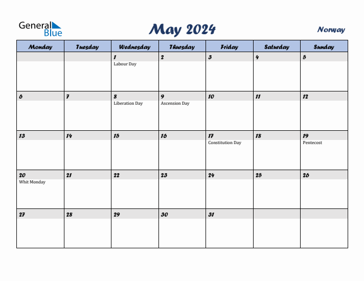 May 2024 Calendar with Holidays in Norway