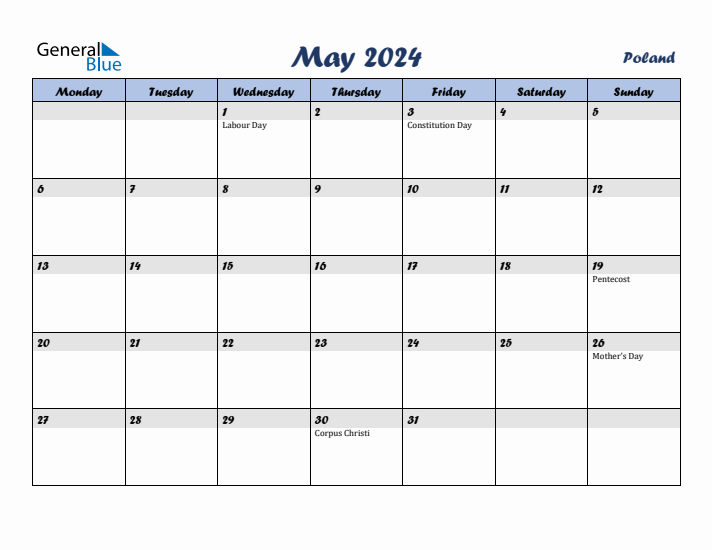May 2024 Calendar with Holidays in Poland