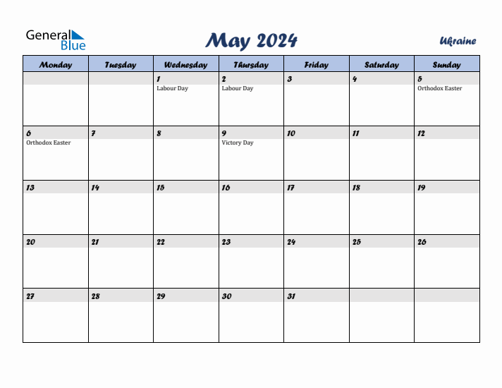 May 2024 Calendar with Holidays in Ukraine