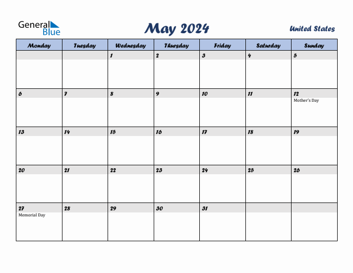 May 2024 Monthly Calendar Template with Holidays for United States