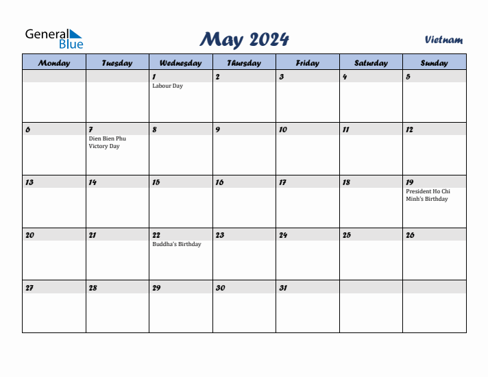 May 2024 Calendar with Holidays in Vietnam